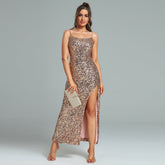 Strappy Sleeveless Slit Sequined Bodycon Dress